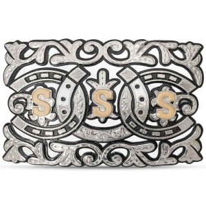 A custom initials belt buckle featuring three golden personalized letter S with silver filigrane, horseshoes and natural finish